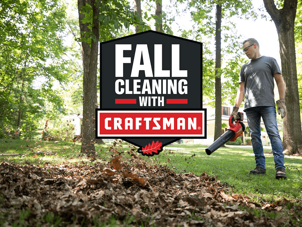 Fall Cleaning With CRAFTSMAN logo in the center of an image with a man Blowing leaves with CRAFTSMAN Blower in the background