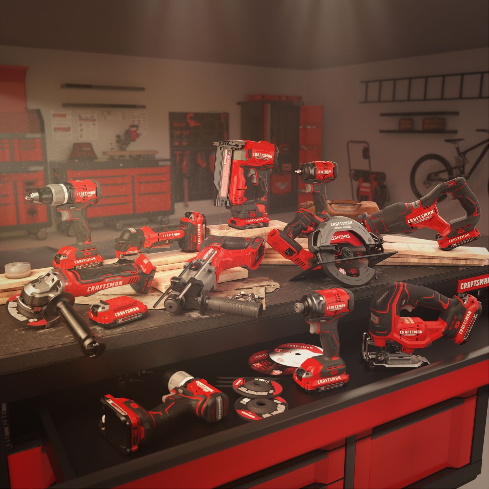 Photo of CRAFTSMAN red cordless power tools and batteries, SKU assortment displayed on a workshop table.