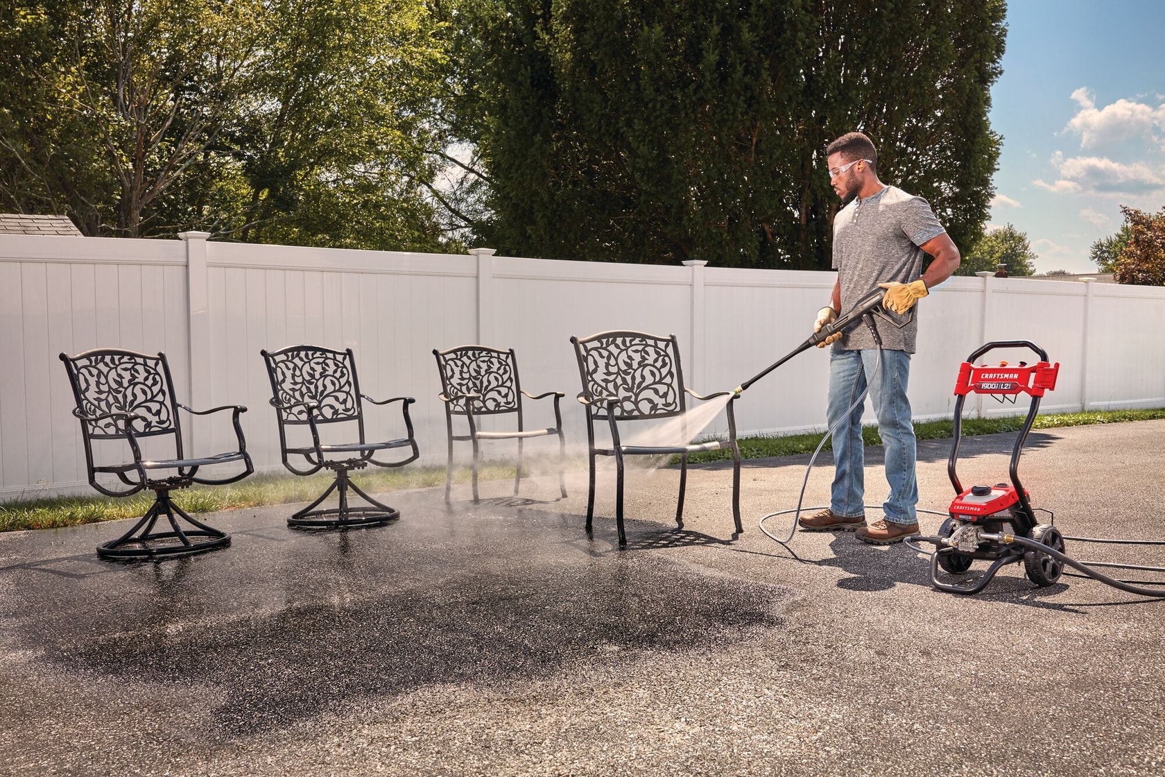 1900 pound per square inch electric cold water pressure washer being used by a person.
