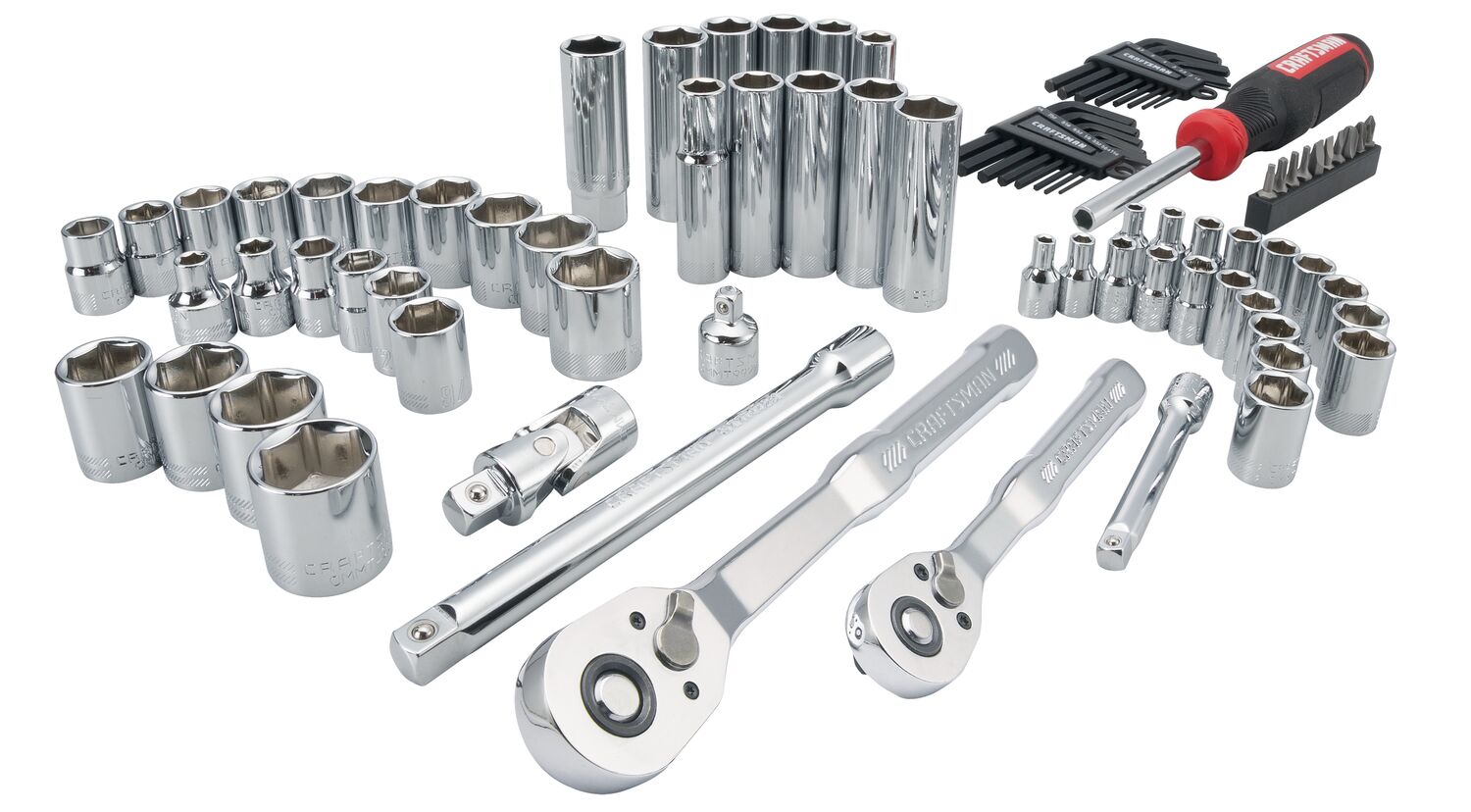 A comprehensive set of chrome socket wrenches, ratchets, extension bars, hex keys, and a screwdriver with assorted bits. The tools are organized and arranged, highlighting their variety and sizes, suitable for automotive or mechanical work.