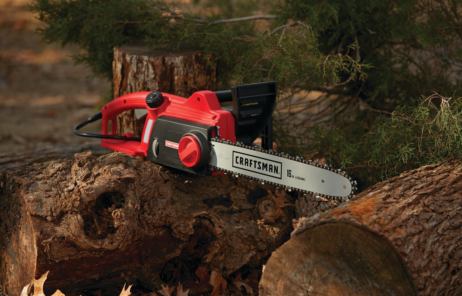 12 amp 16 inches corded chainsaw at a work place.
